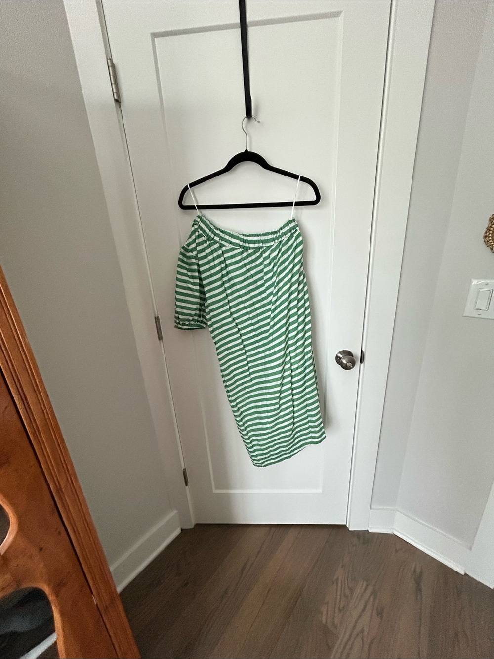 Green and White Striped Off-Shoulder Midi Dress